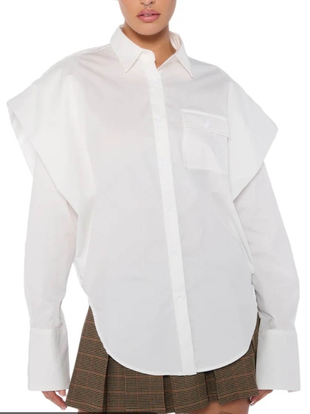 Gold X Teal (Womens L) High Pointed Shoulder Over-sized White Button-Down Shirt